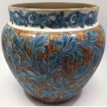 A Langley Ware pottery jardiniere, c1883-1890, sgraffito acanthus design painted in blue to brown