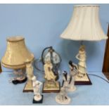 Five various Italian figurines including two by Vittorio Tessaro together with a lamp with base