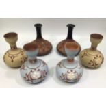 Three pairs of Lovatt & Lovatt period Langley Ware art pottery 'stencilled' vases, 12cm high