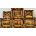 Six various country landscape and seascape studies depicting ships and scenes of figures and cows