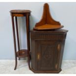 An Edwardian inlaid mahogany two-tier circular jardiniere stand, together with an open corner