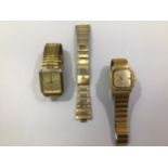 Two gold-plated gents wristwatches by Bulova, one with silvered rectangular dial, gold batons