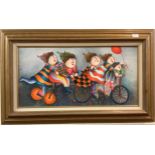 Joyce Roybal (b.1955) Four ladies and a child riding bikes, signed, oil on canvas, framed. 29 x 60cm