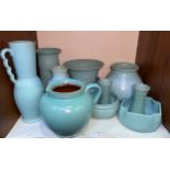 Eleven various items of 1930s 'aqua blue' glazed Langley pottery including a pair of ribbed vases,