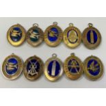 Ten various silver gilt Masonic collar jewels with blue enamelling including Cheshire, Nigeria, East