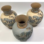 A matched garniture of three Calvert & Lovatt period Langley Ware art pottery vases, c1883-1890,