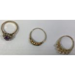 Three assorted 9ct gold rings, one claw set with five oval cut opals, the others set with semi-