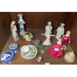 Various ceramics including Clarice Cliff floral hive honeypot, Worcester figures 'The Parakeet'