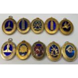 Ten various silver gilt hallmarked Masonic collar jewels with blue enamelling including London and