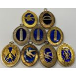 Nine various silver gilt Masonic collar jewels with blue enamelling including East Lancashire x 3,