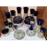 A collection of Lovatt & Lovatt period 'Blue Daisy' Langley Ware pottery flower vases, tobacco