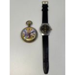 A vintage stainless steel wristwatch of Masonic interest, the black enamel dial decorated with