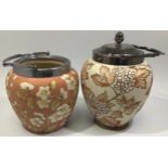 Two various Calvert & Lovatt period Langley Ware art pottery globular biscuit jars, c1883-90, carved