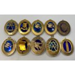 Ten various silver gilt hallmarked Masonic collar jewels with blue enamelling including Surrey,