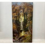 An oil country landscape study of a waterfall and river in a wooded area, indistinctly signed and