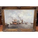 Siem Schaeffer (1924-2005) Dutch harbour scene with cranes unloading ships and barges, signed, oil