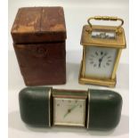 A late 19th/early 20th century brass carriage clock protective leather travel case, (A/F),