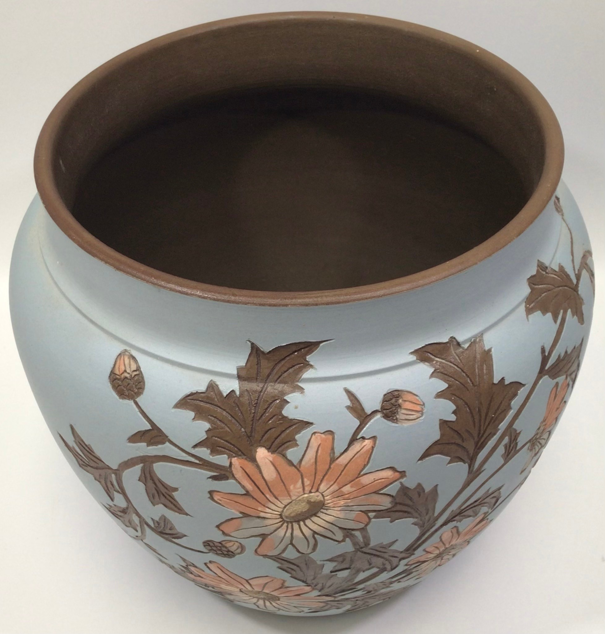 A Langley Ware Pottery Jardiniere, c1883-1890, incised and carved in 'Dog Roses' pattern, painted in - Bild 2 aus 3