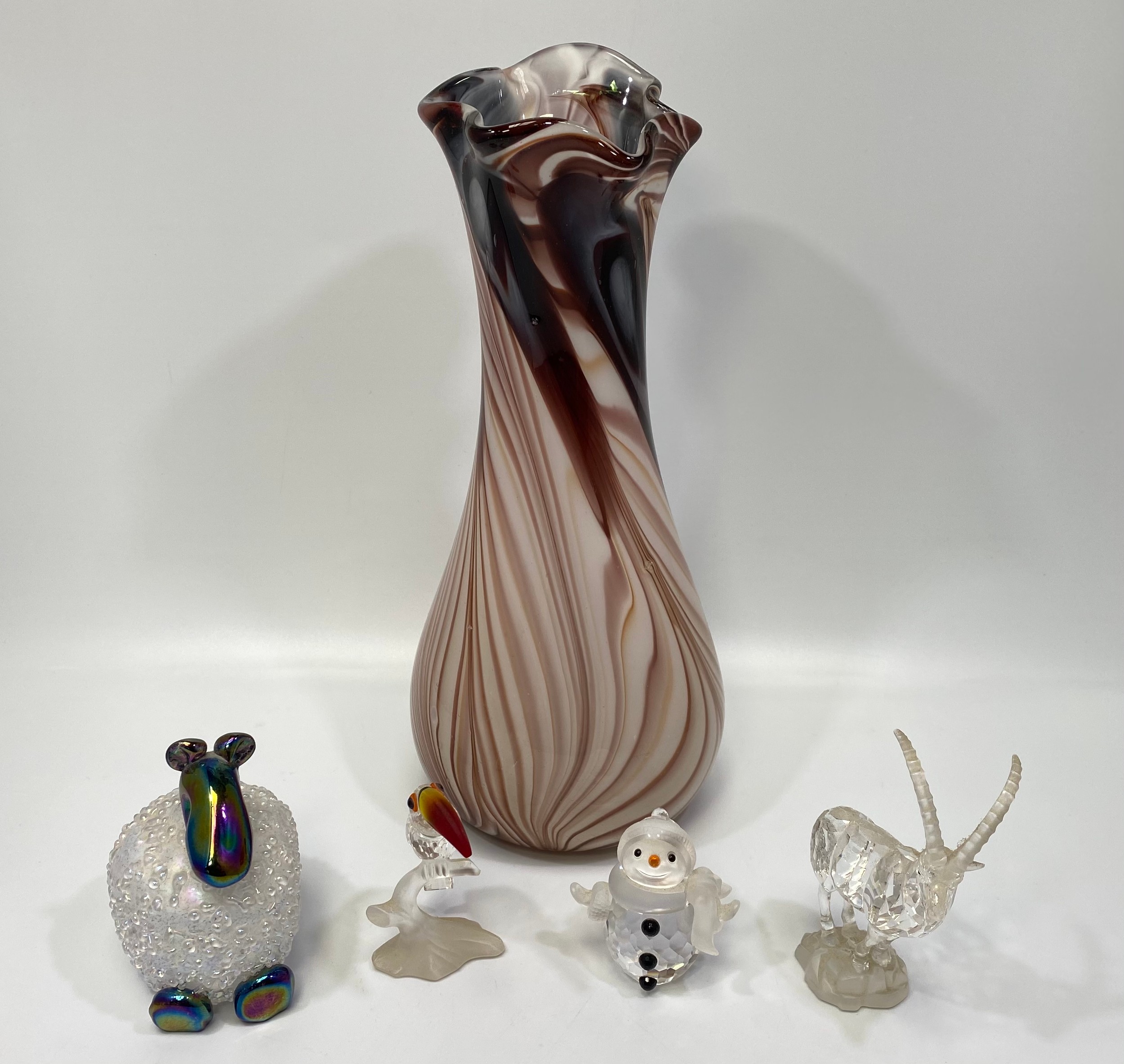 Two John Ditchfield glass items including a sheep for Glasform and a vase, both with etched marks to