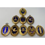 Nine various silver gilt hallmarked Masonic collar jewels with blue enamelling including East