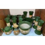 A collection of Lovatt & Lovatt green 'Daisy' ware stencilled pottery vases, jardinières etc. (In