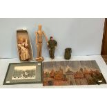 Various collectables including woollen wall hanging of medieval eastern European buildings, a