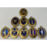 Nine various silver gilt hallmarked Masonic collar jewels with blue enamelling including Essex (