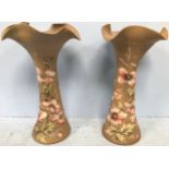 A pair of Langley Ware pottery tall waisted vases with flared crimped rims, c1893, decorated with