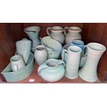 Three various Langley Dendy ribbed pottery jugs, various bowls, vases and a wall pocket in the '