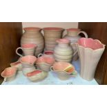 Thirteen pieces of Lovatts 'Sandown' pattern stoneware pottery, 1950s, including vases jugs and a