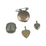 A 9ct gold cased watch, (not working), with three various rolled gold lockets.