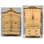 A modern cream and gold painted French style two door armoire and a small linen press, converted