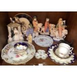 Various ceramics including Rye pottery figures on horseback, cabinet plates, cups and saucers,