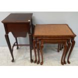 An Edwardian mahogany work / sewing table with top opening to reveal compartmented interior and