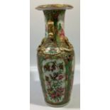 A 19th century canton enamel famille rose vase with panels of scholars, birds and flowers, applied
