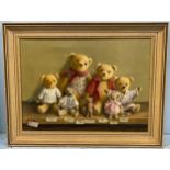 Deborah Jones (1921-2012) painting of seven various bears in different outfits on a shelf with