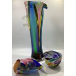 A large Will Shakspeare glass stylised jug with tapered multi-coloured body and applied opaque glass