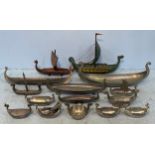 Various Norwegian pewter long boats including Handstopt examples, together with four salts and