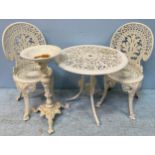 A white painted metal circular garden table and two chairs by Enderslea, table measures 68cm wide,