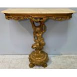 A hall / console table with gilt painted pedestal base with putti holding arms aloft, cream marble