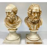 Two porcelain busts of Socrates and Homer, with weathered-gilt finish, crossed swords mark to