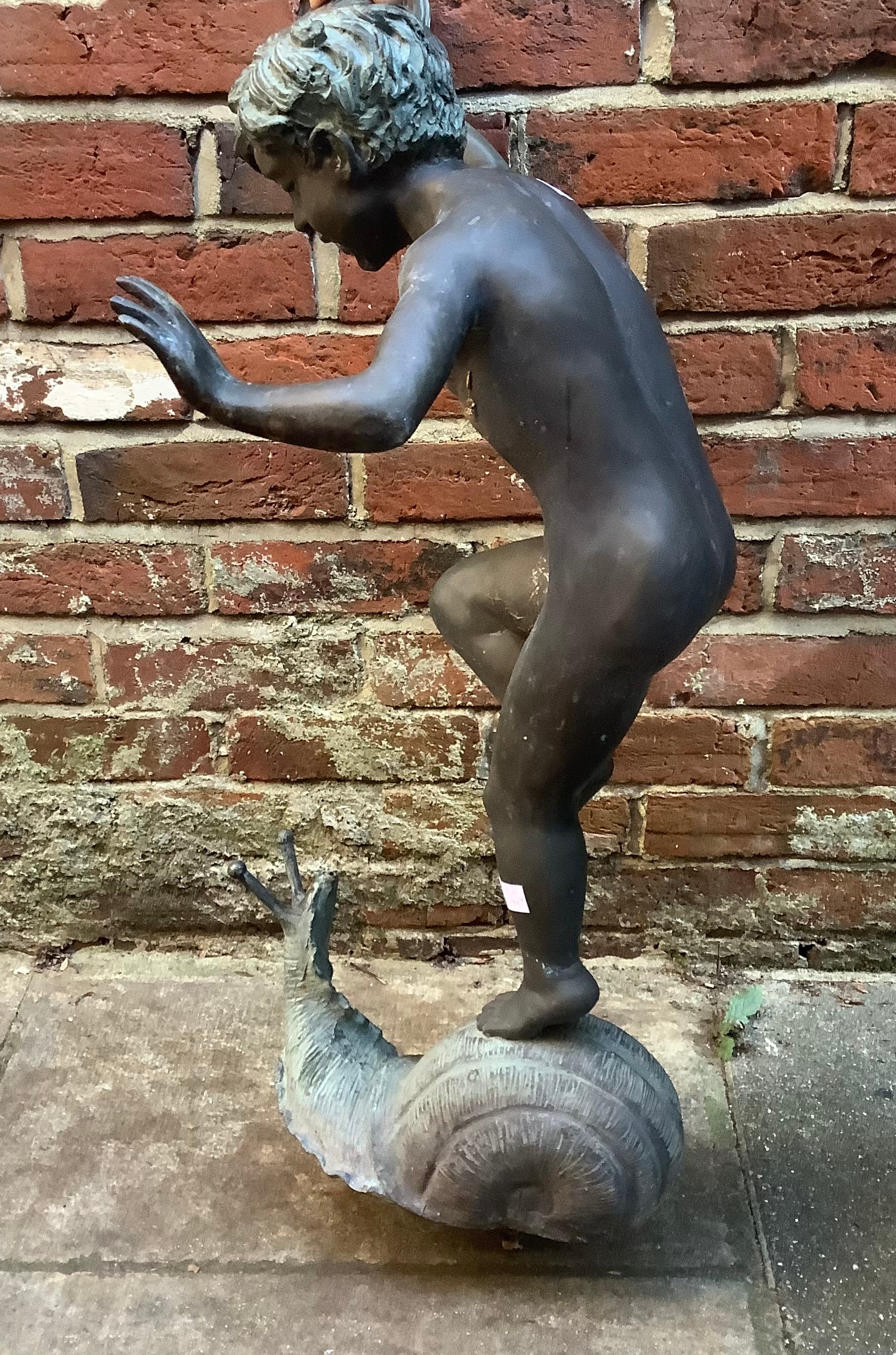 A late 19th / early 20th century copper fountain modelled as a figure of a young boy balancing on - Bild 2 aus 4