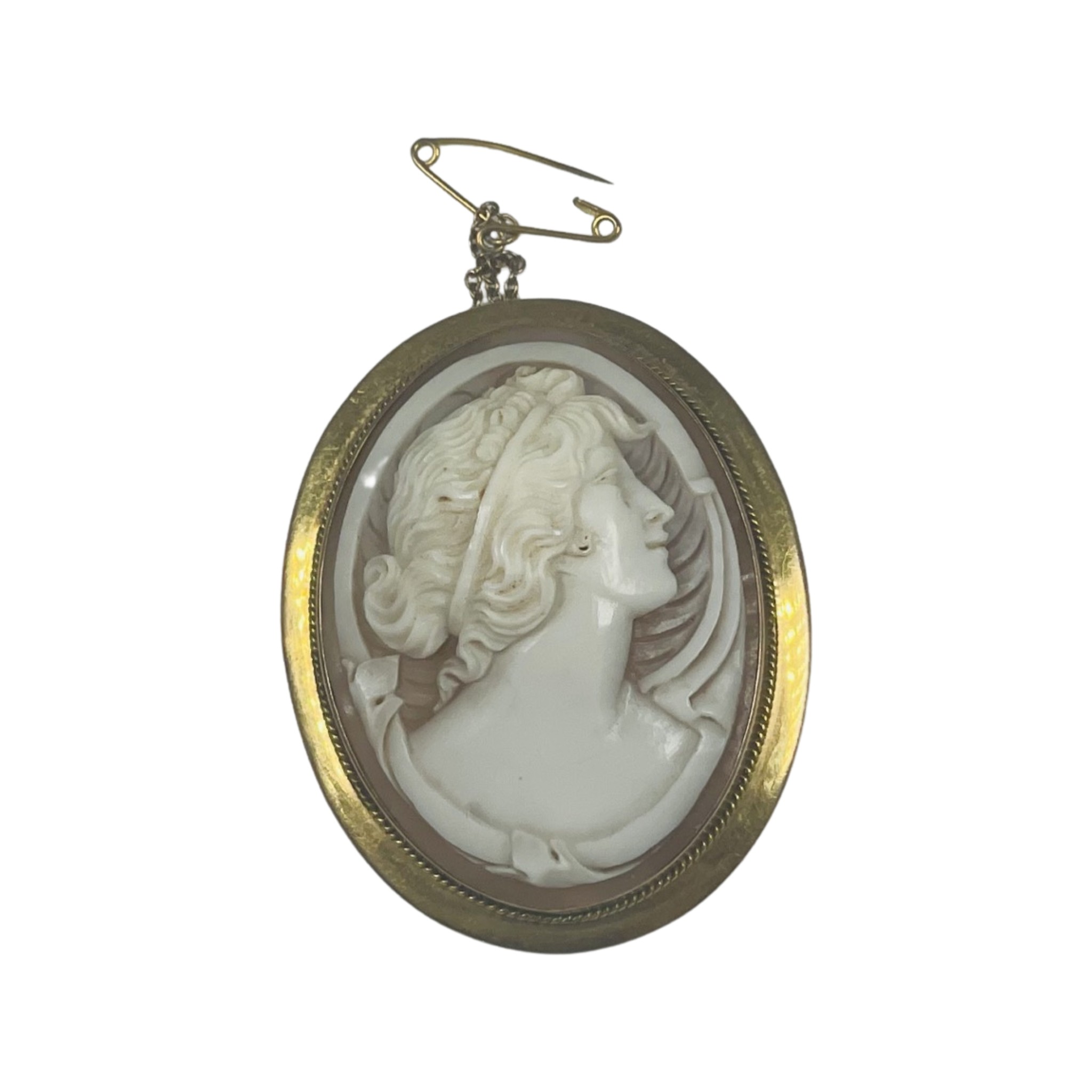 A 9ct gold large oval cameo brooch, 40mm x 30mm, with safety chain, weighs 11.8 grams. - Image 2 of 2