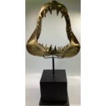 A cast brass sharks jaw on display stand, 34cm wide