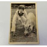 A monochrome printed photograph depicting John Lennon feeding a pig, signed by John Lennon in red