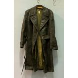 A heavy vintage gents German black leather / hide trench coat by Meyer Schuchardt with wide belt, no
