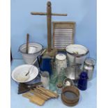 Various Dairy / kitchen equipment including enamel bowls, two blue and white enamel buckets, jugs,