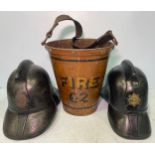 A vintage Merryweather of London metal fire bucket with leather handle, painted with ‘Fire 62’,