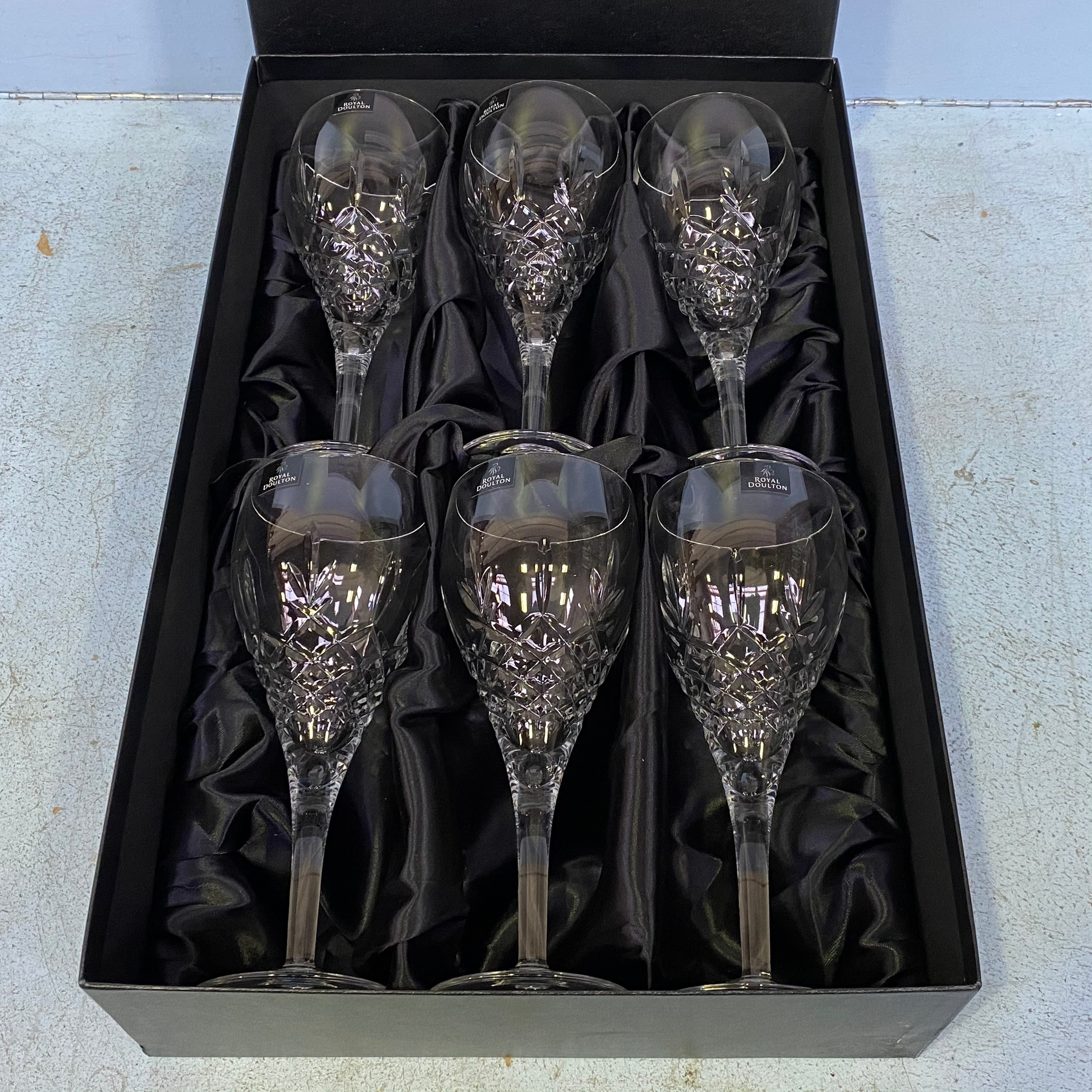 A set of six Royal Doulton hand cut crystal wine glasses, boxed - Image 2 of 2