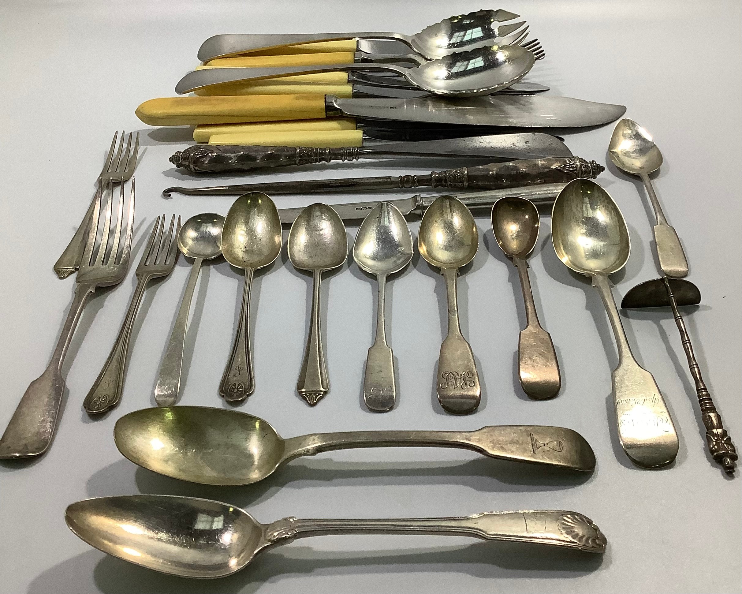 A mixed collection of assorted Georgian, Victorian and later silver flatware including spoons and - Image 3 of 6